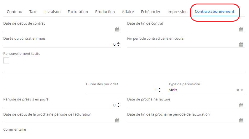 1.1. Lorsque vous sélectionnez “Abonnement” comme type de devis, l'onglet Contrat/abonnement apparaîtra sur la fiche. Ouvrez l'onglet et renseignez les informations nécessaires comme la date de début de contrat ou la durée des périodes.